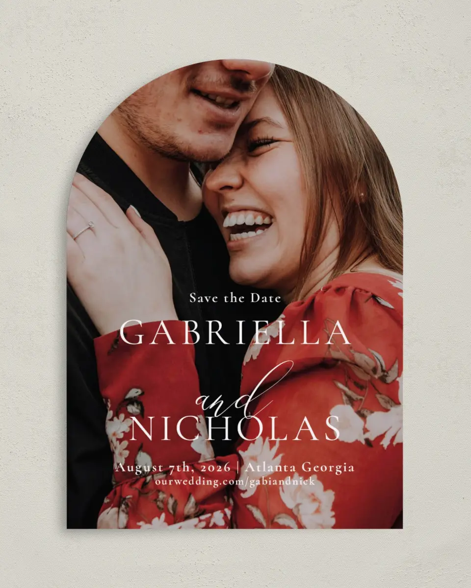 This is a 5" x 7" Arch Save the Date called Minimalist Type printed in full color on Premium Smooth paper