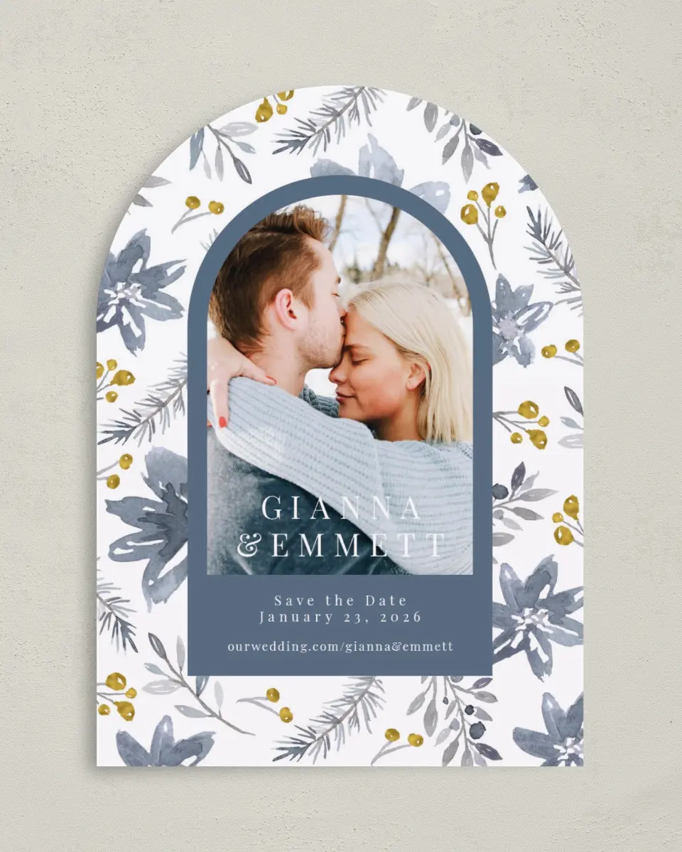 This is a 5" x 7" Arch Save the Date called Winter Floral printed in full color on Premium Smooth paper