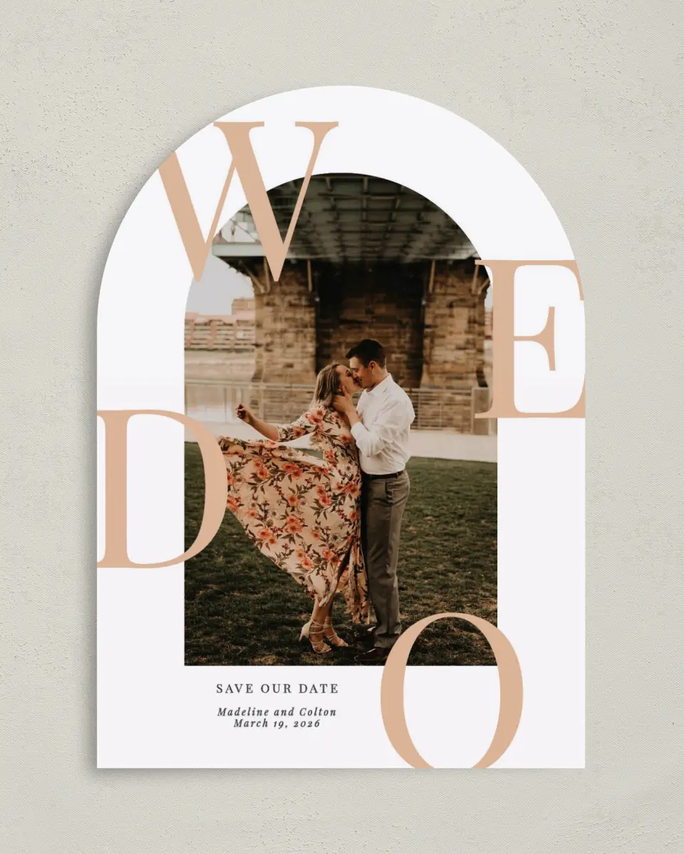 This is a 5" x 7" Arch Save the Date called Boldly We Do printed in full color on Premium Smooth paper