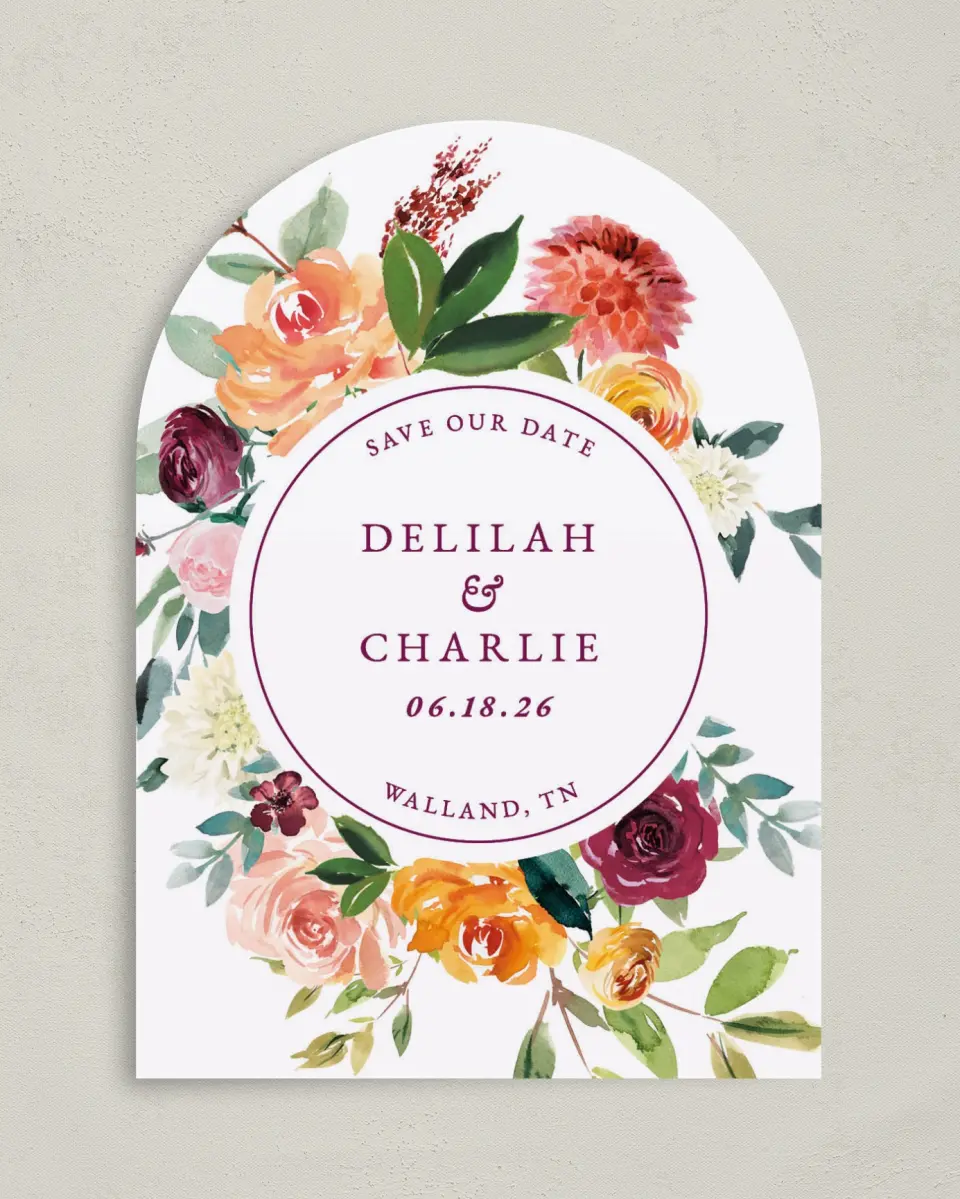 This is a 5" x 7" Arch Save the Date called Floral Ring printed in full color on Premium Smooth paper