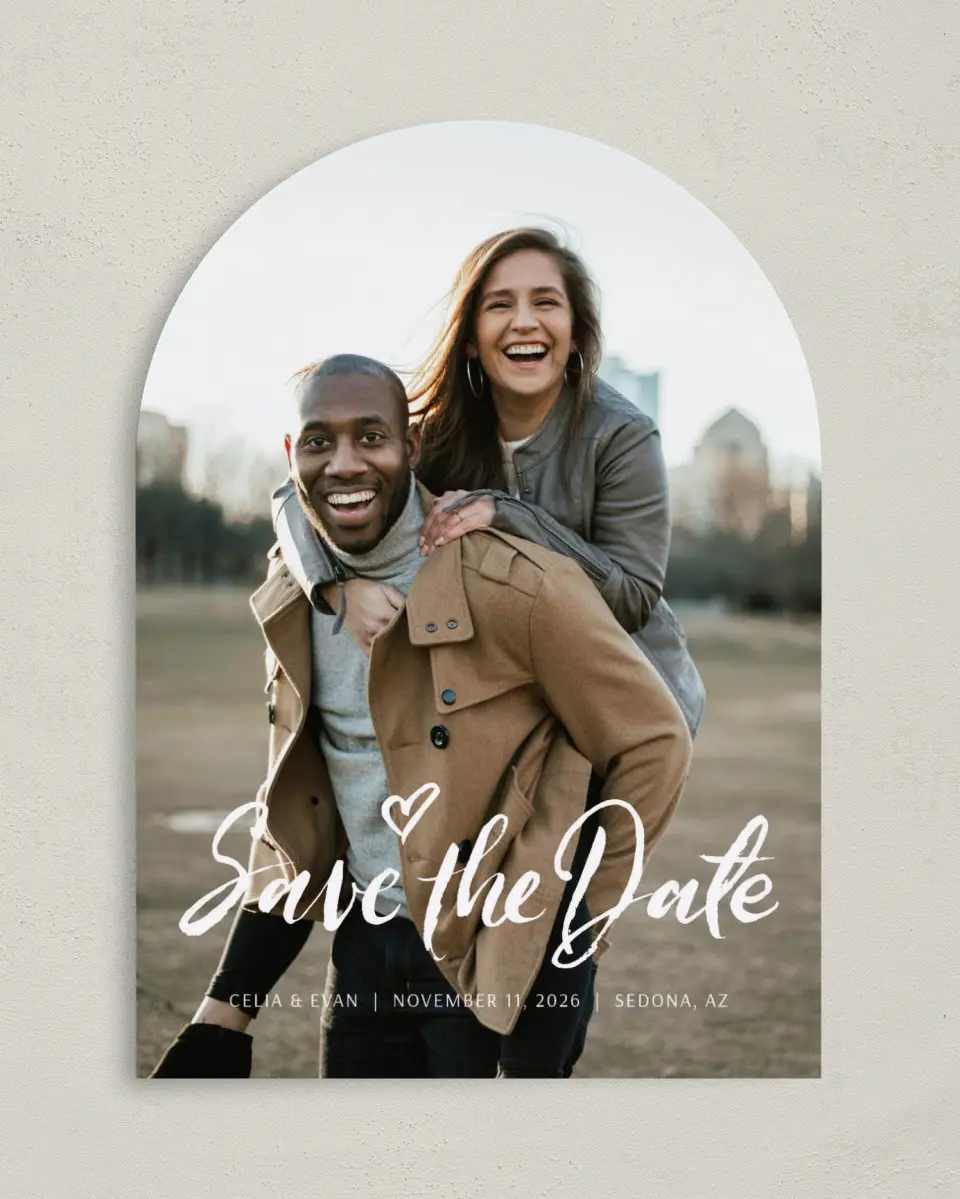 This is a 5" x 7" Arch Save the Date called Celebrate Love printed in full color on Premium Smooth paper