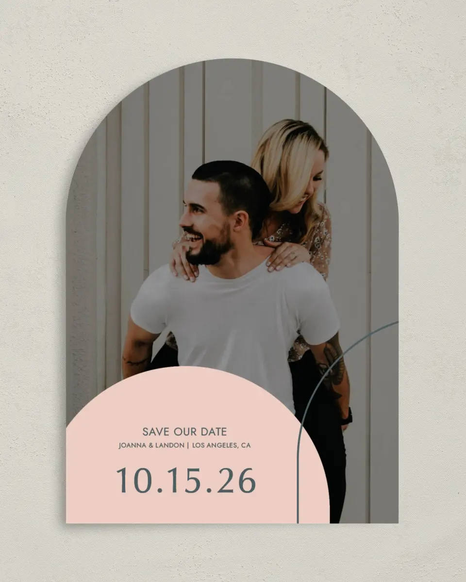 This is a 5" x 7" Arch Save the Date called Mod Shapes printed in full color on Premium Smooth paper