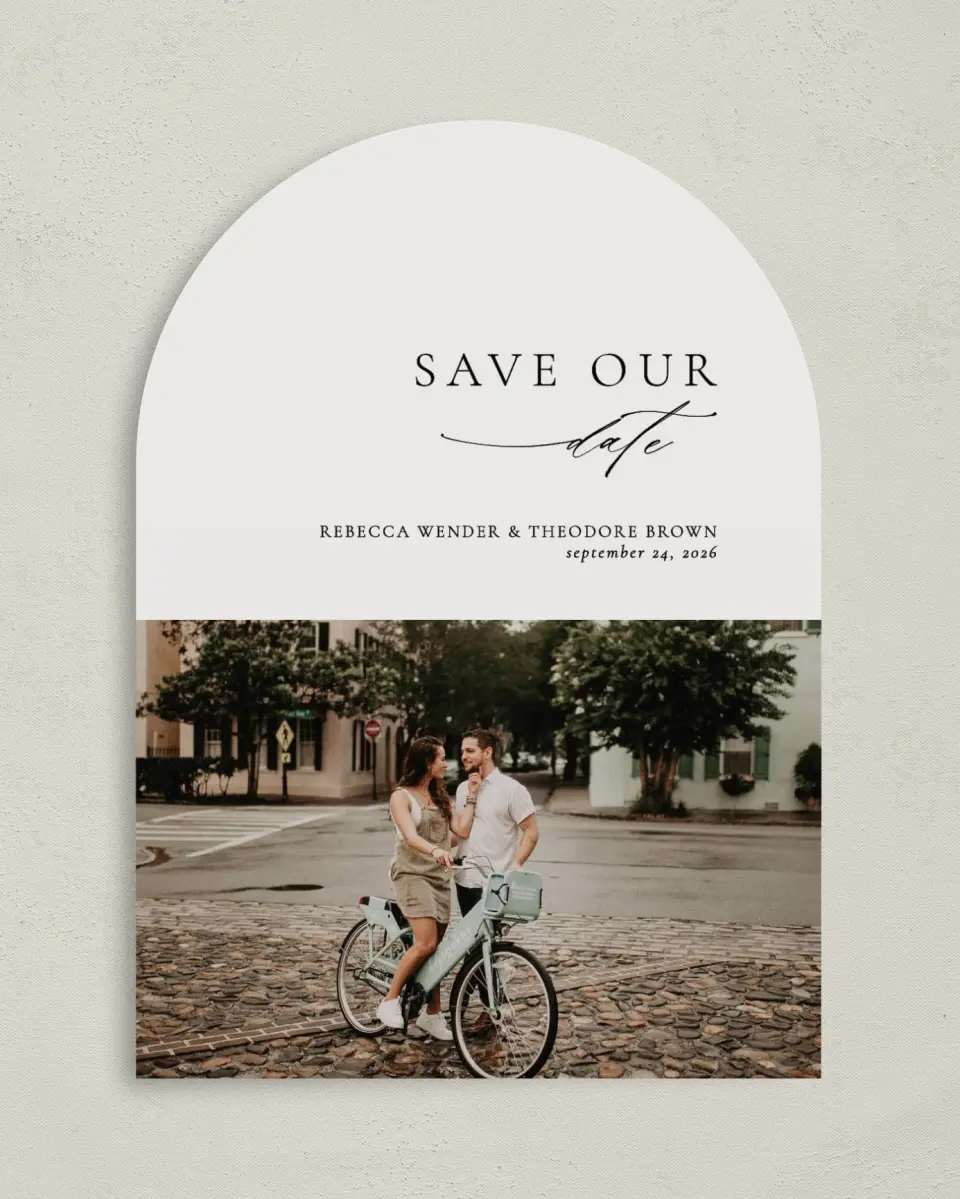 This is a 5" x 7" Arch Save the Date called Simply Elegant printed in full color on Premium Smooth paper