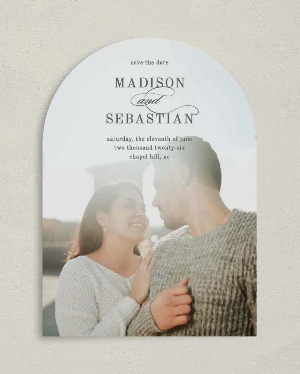 This is a 5" x 7" Arch Save the Date called Bold Blooms printed in full color on Premium Smooth paper