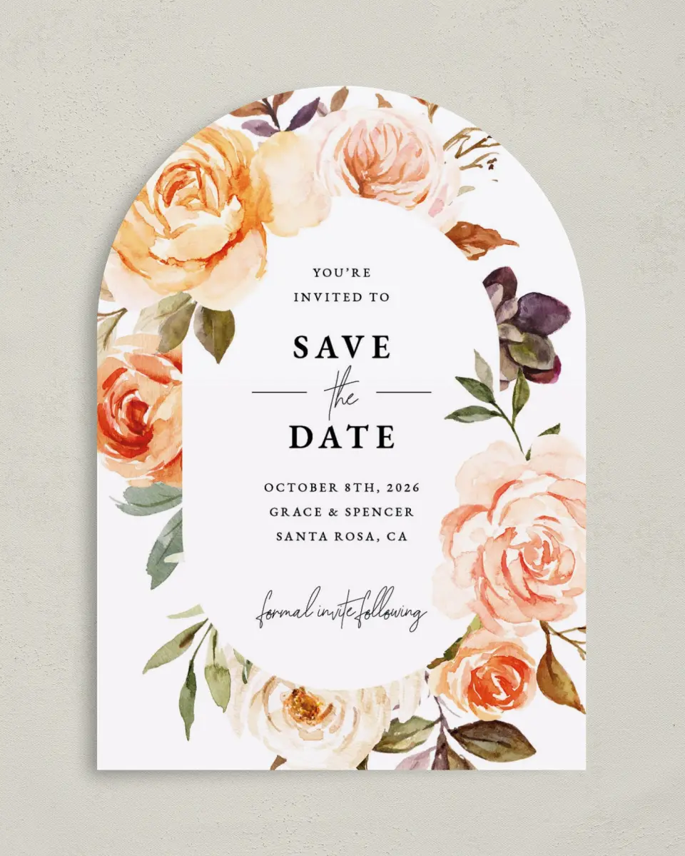 This is a 5" x 7" Arch Save the Date called Romantic Garden printed in full color on Premium Smooth paper