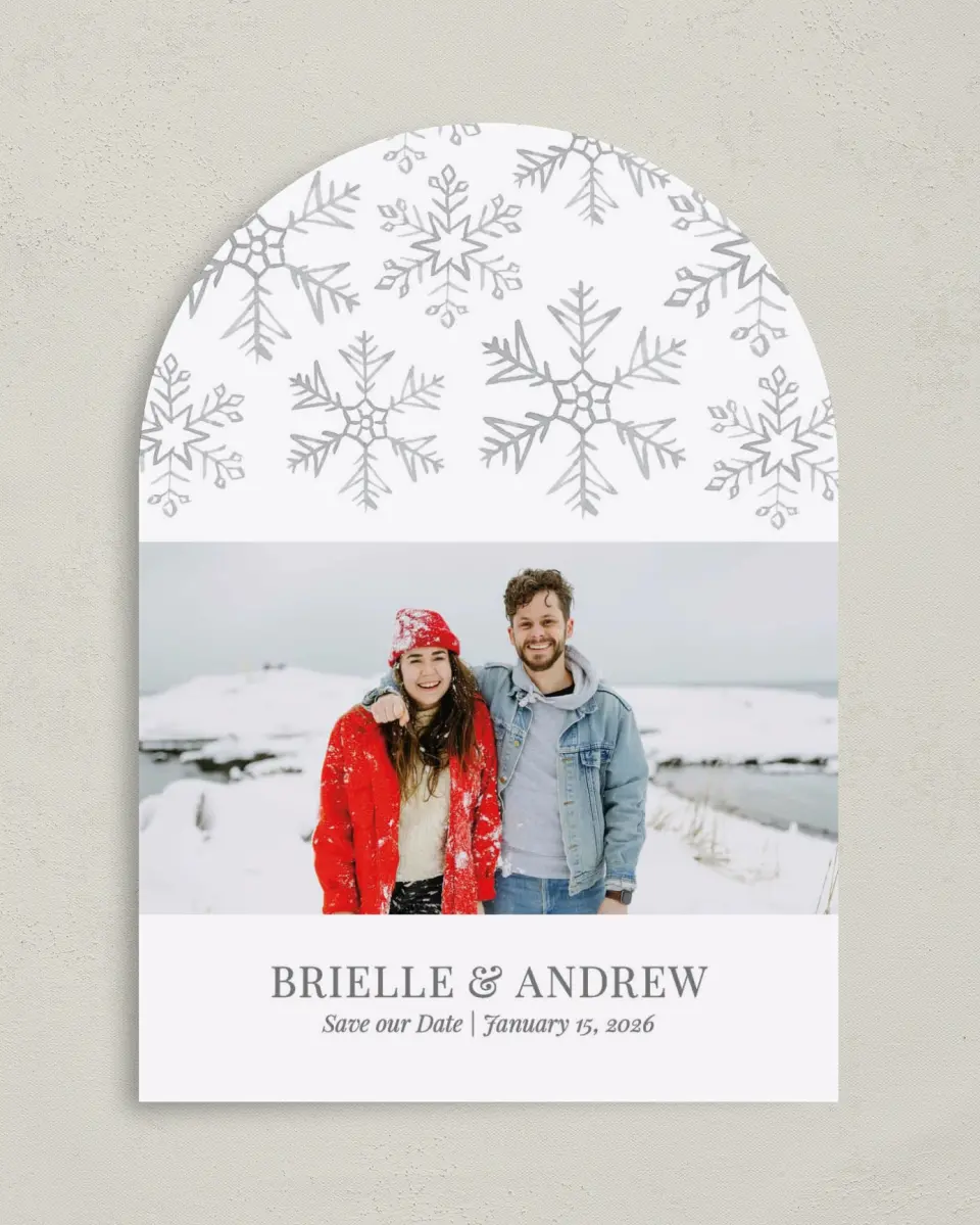 This is a 5" x 7" Arch Save the Date called Sweet Snowflakes printed in full color on Premium Smooth paper