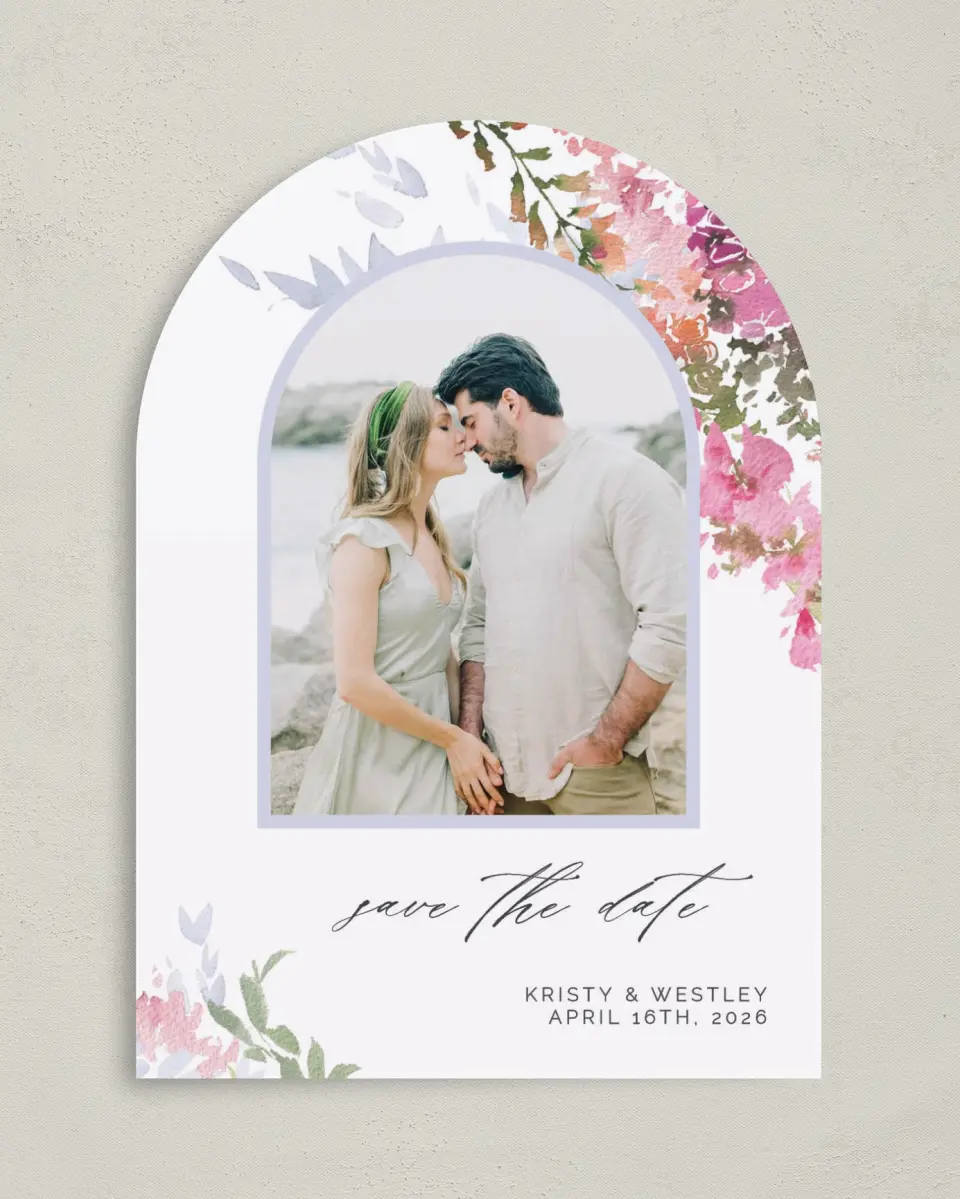 This is a 5" x 7" Arch Save the Date called Blushing Bouquet printed in full color on Premium Smooth paper
