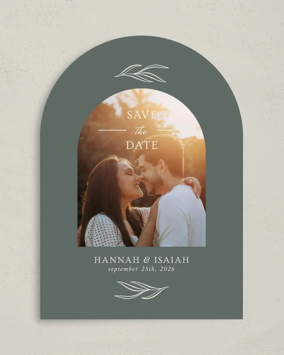 This is a 5" x 7" Arch Save the Date called Whisper Twig printed in full color on Premium Smooth paper