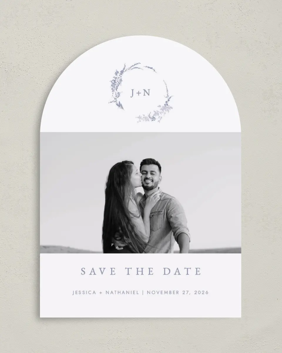This is a 5" x 7" Arch Save the Date called Dainty Wreath printed in full color on Premium Smooth paper