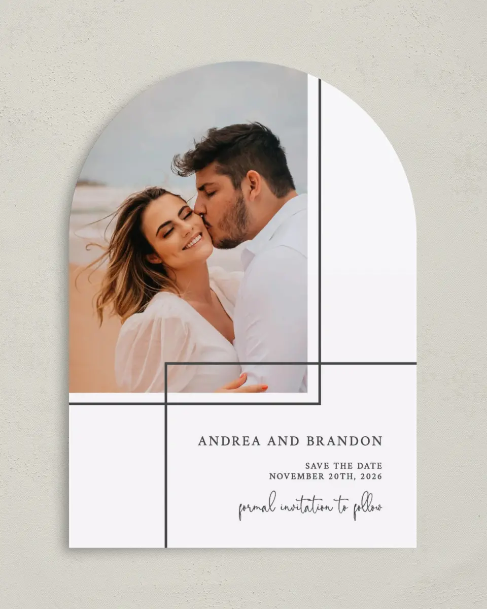This is a 5" x 7" Arch Save the Date called Joined Lines printed in full color on Premium Smooth paper