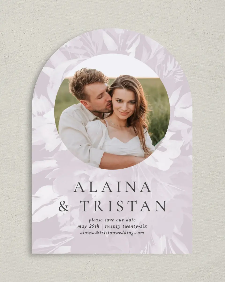 This is a 5" x 7" Arch Save the Date called Floral Burst printed in full color on Premium Smooth paper