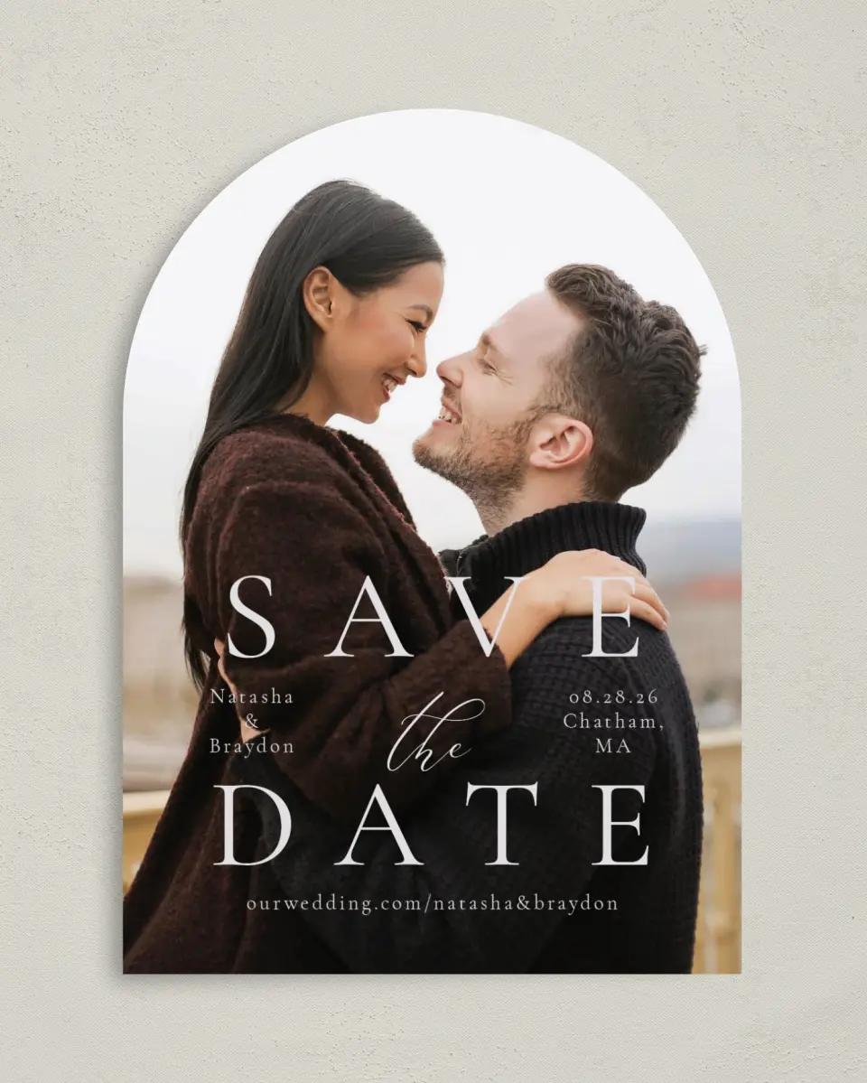 This is a 5" x 7" Arch Save the Date called Timeless Order printed in full color on Premium Smooth paper