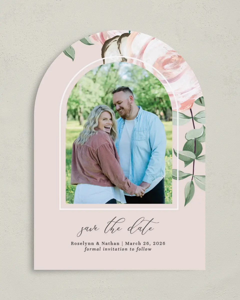 This is a 5" x 7" Arch Save the Date called Soft Rose printed in full color on Premium Smooth paper