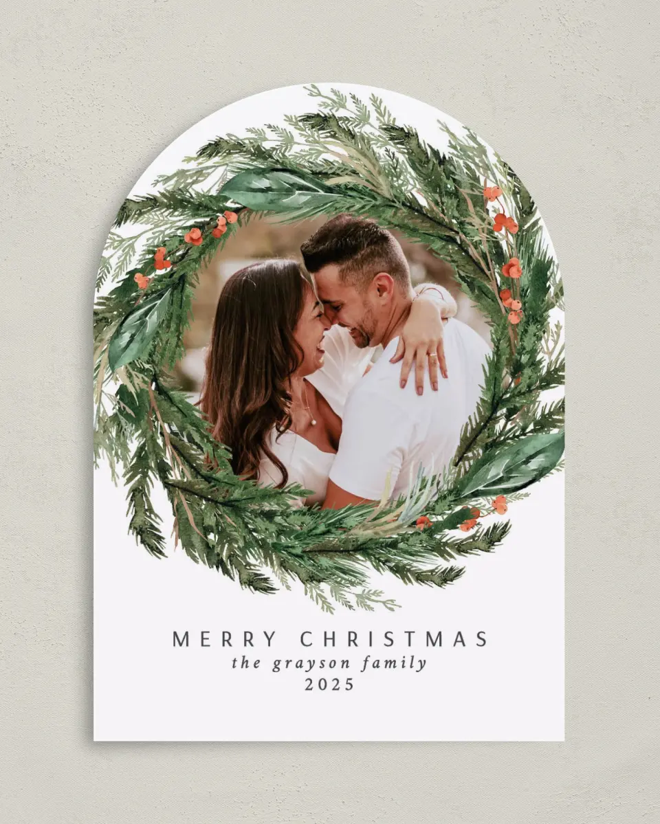 This is a 5" x 7" Christmas Card called Warm Wreath printed in full color on Premium Smooth paper