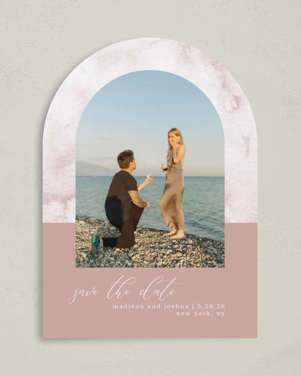 This is a 5" x 7" Arch Save the Date called Gentle Touch printed in full color on Premium Smooth paper