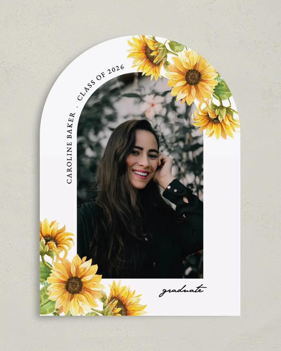 This is a 5" x 7" Graduation Announcement Card called Sunflower Student printed in full color on Premium Smooth paper
