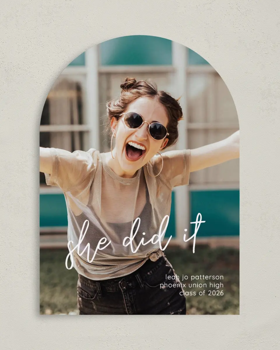 This is a 5" x 7" Graduation Announcement Card called She did it! printed in full color on Premium Smooth paper