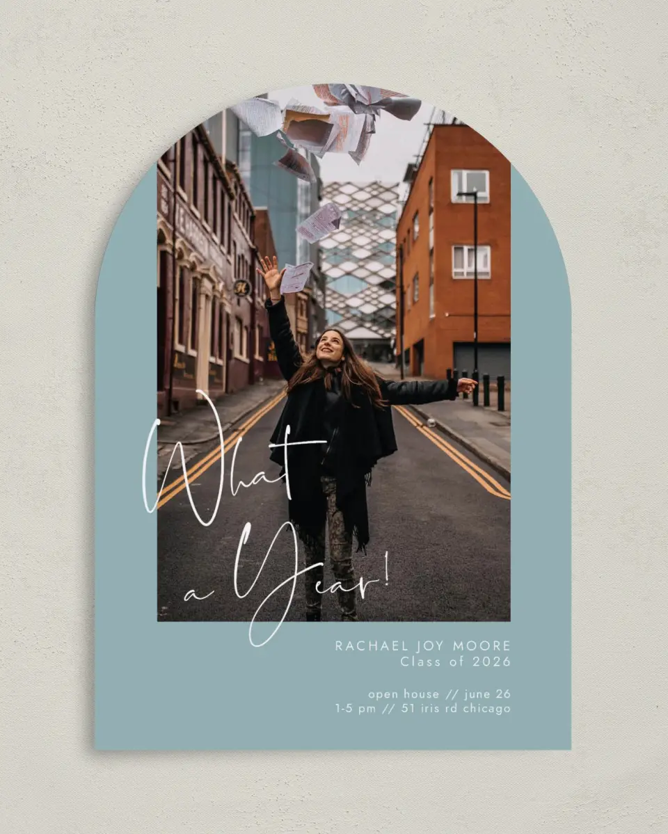 This is a 5" x 7" Graduation Announcement Card called Yearly Proclaim printed in full color on Premium Smooth paper