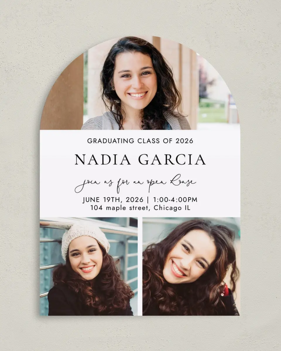 This is a 5" x 7" Graduation Announcement Card called Chic Charm printed in full color on Premium Smooth paper