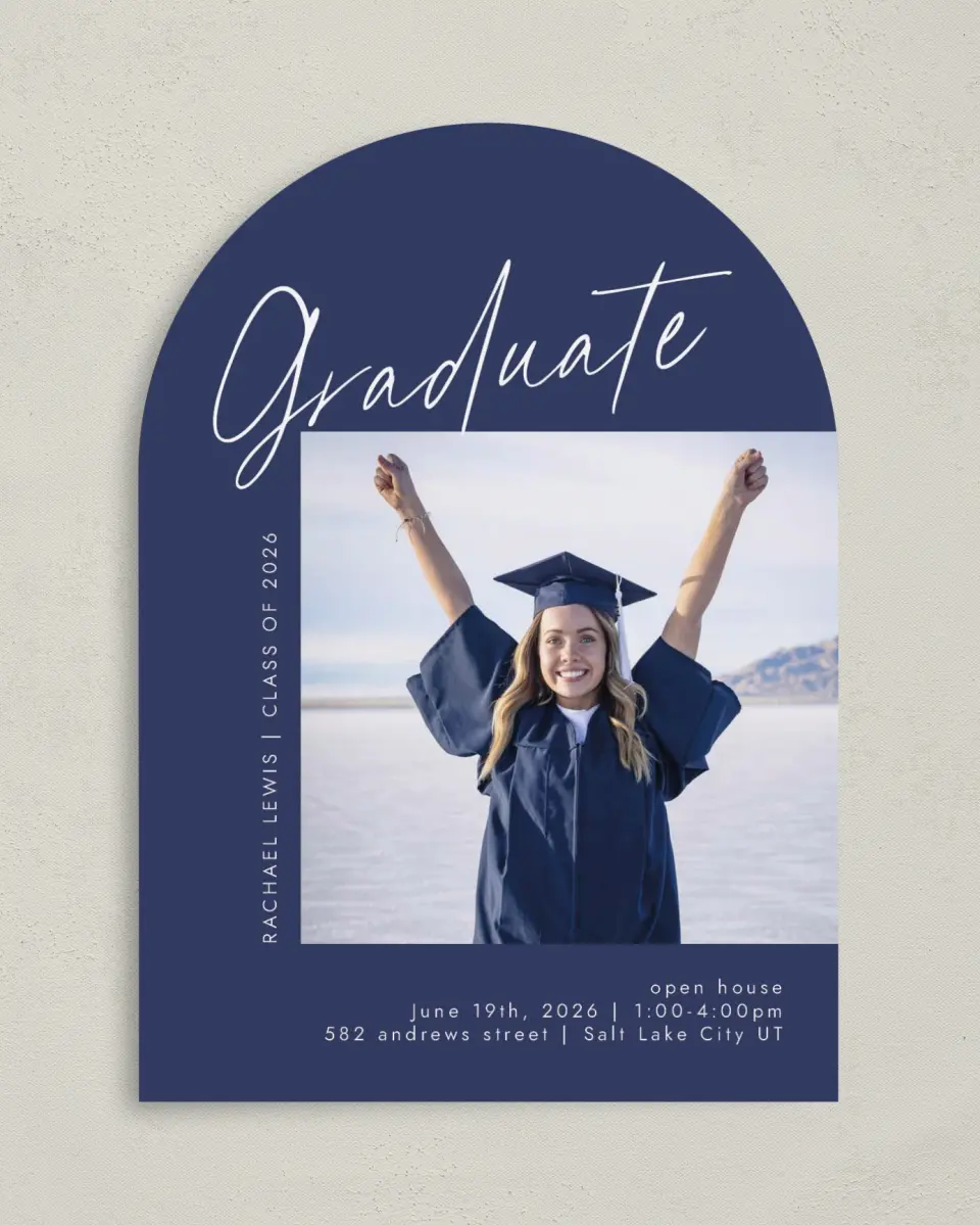 This is a 5" x 7" Graduation Announcement Card called Smart Script printed in full color on Premium Smooth paper
