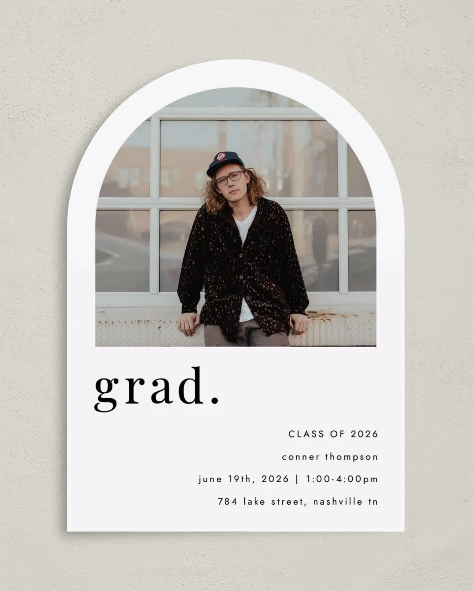 This is a 5" x 7" Graduation Announcement Card called Grad, Period printed in full color on Premium Smooth paper