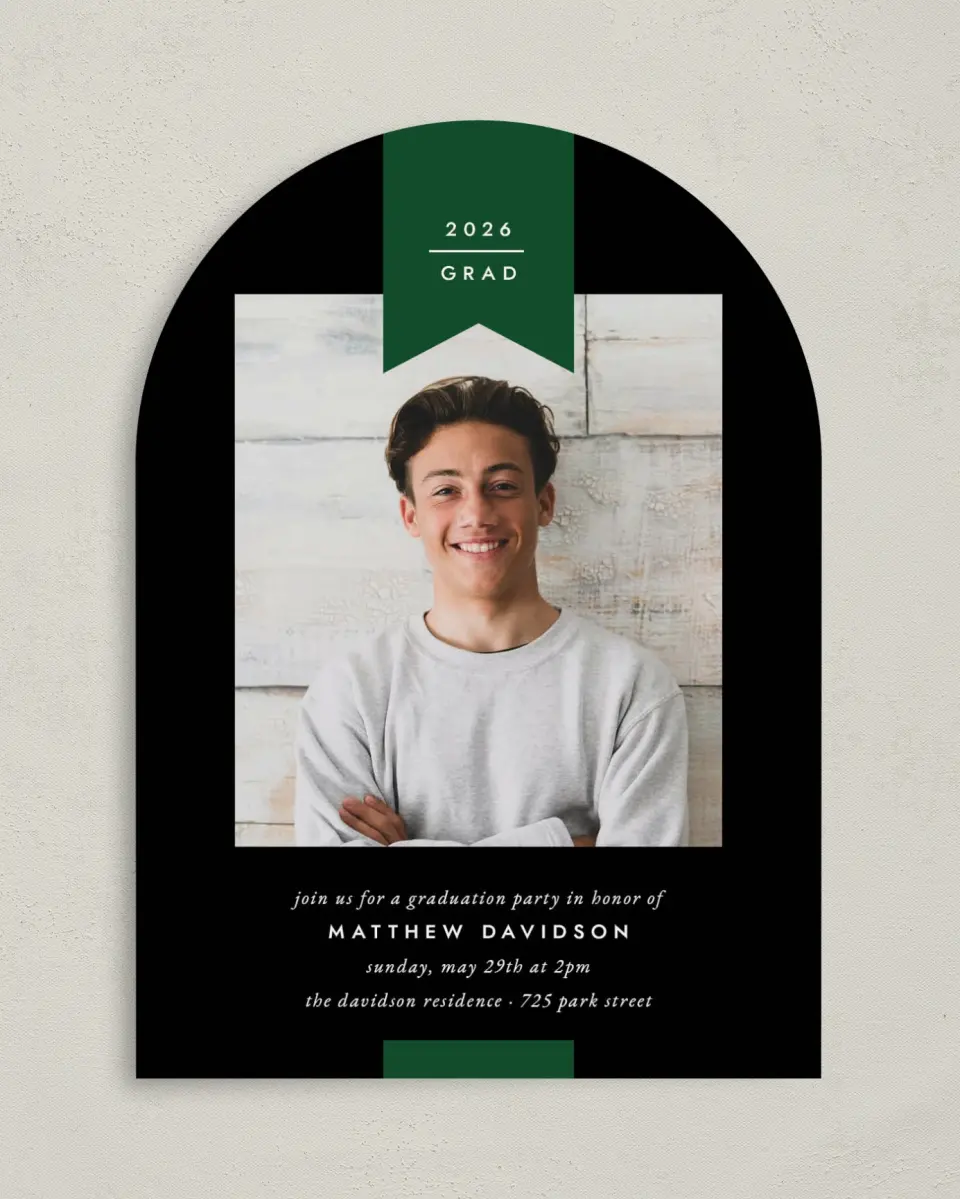 This is a 5" x 7" Graduation Announcement Card called Grad Banner printed in full color on Premium Smooth paper
