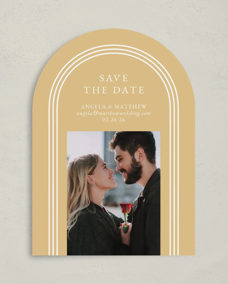 This is a 5" x 7" Arch Save the Date called Charming Arch printed in full color on Premium Smooth paper