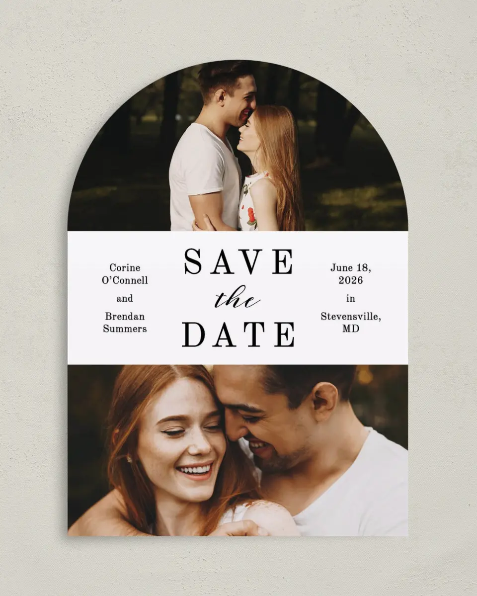 This is a 5" x 7" Arch Save the Date called Classy Type printed in full color on Premium Smooth paper