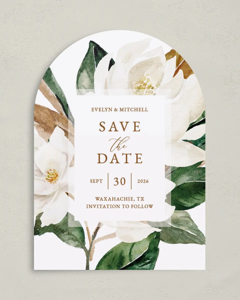 This is a 5" x 7" Arch Save the Date called Soft Magnolia printed in full color on Premium Smooth paper