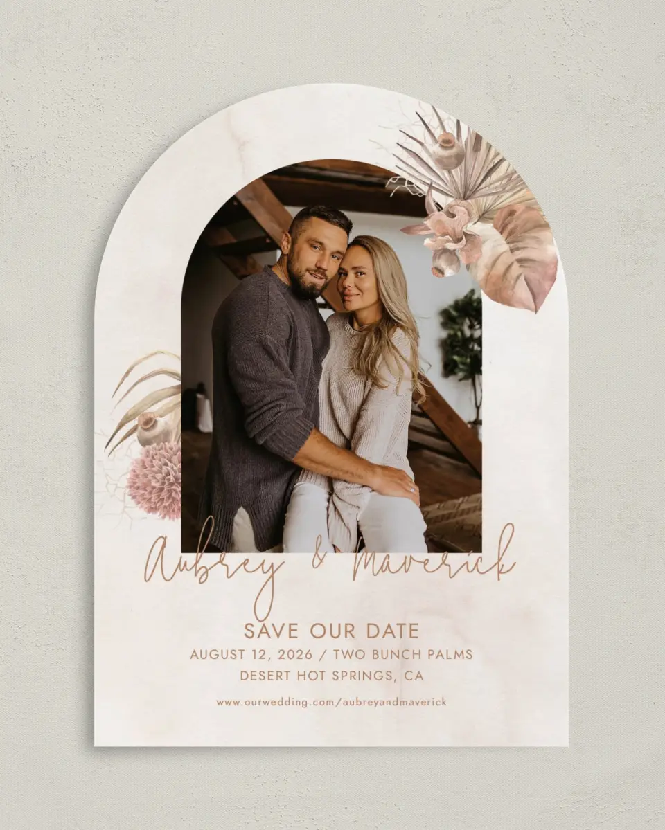 This is a 5" x 7" Arch Save the Date called Boho Blooms printed in full color on Premium Smooth paper