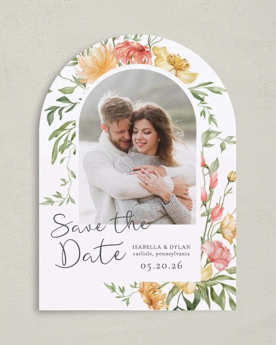 This is a 5" x 7" Arch Save the Date called Secluded Blooms printed in full color on Premium Smooth paper