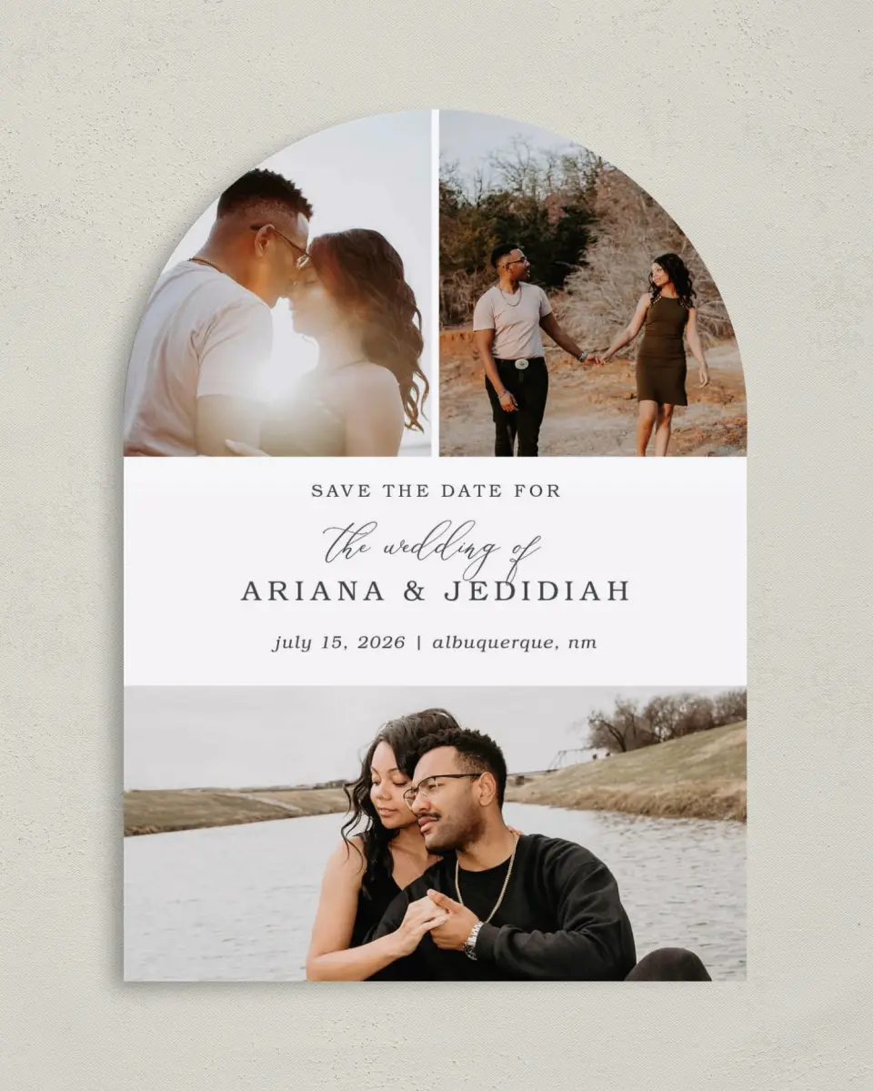 This is a 5" x 7" Arch Save the Date called Flawless Photo printed in full color on Premium Smooth paper