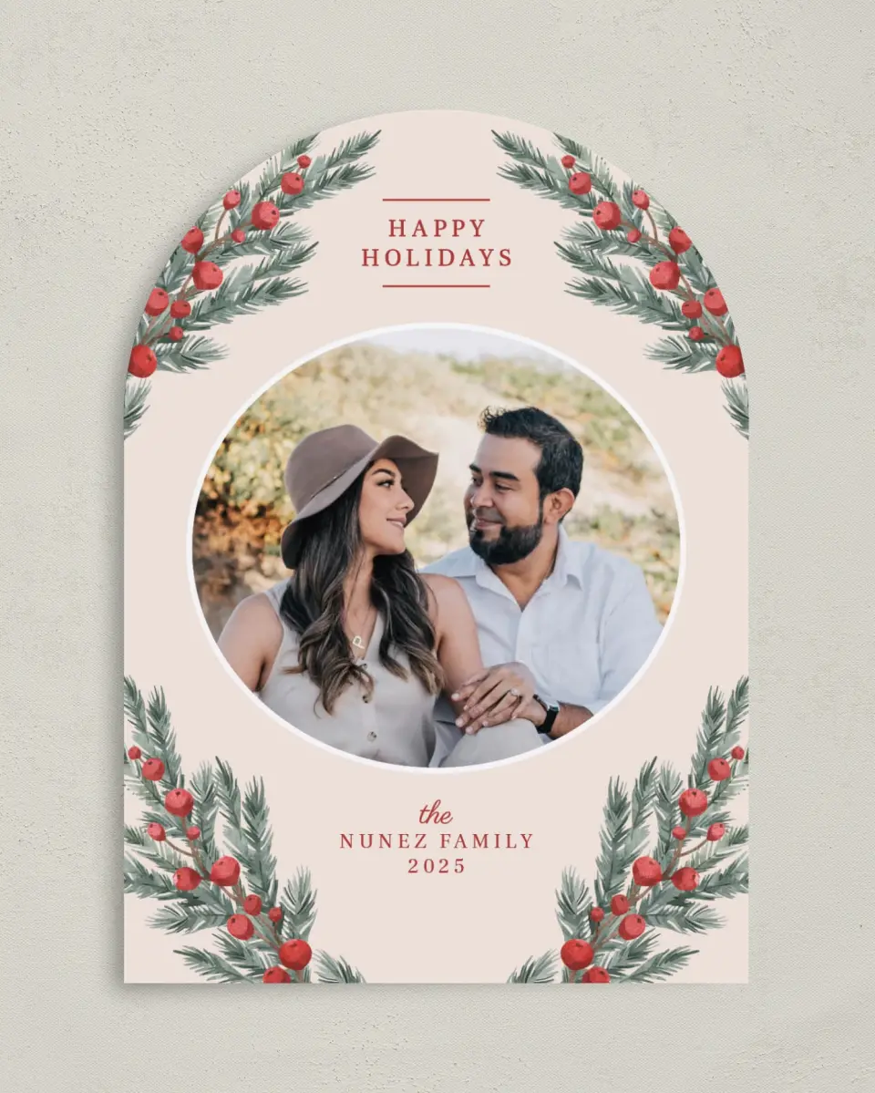 This is a 5" x 7" Christmas Card called Fruitful Garland printed in full color on Premium Smooth paper