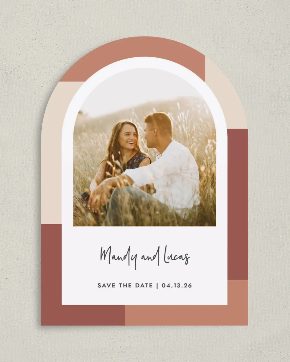 This is a 5" x 7" Arch Save the Date called Sweet Frame printed in full color on Premium Smooth paper