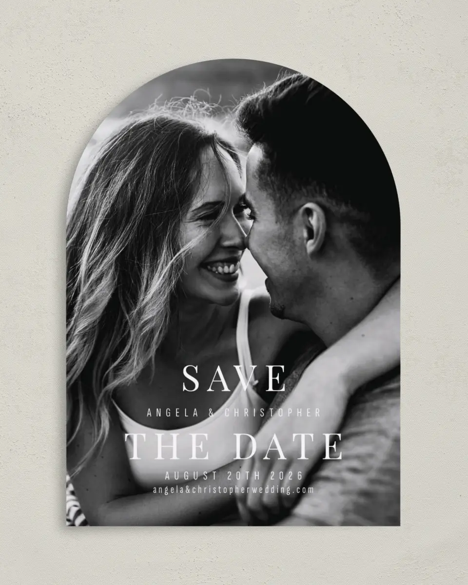 This is a 5" x 7" Arch Save the Date called Lovely Memory printed in full color on Premium Smooth paper