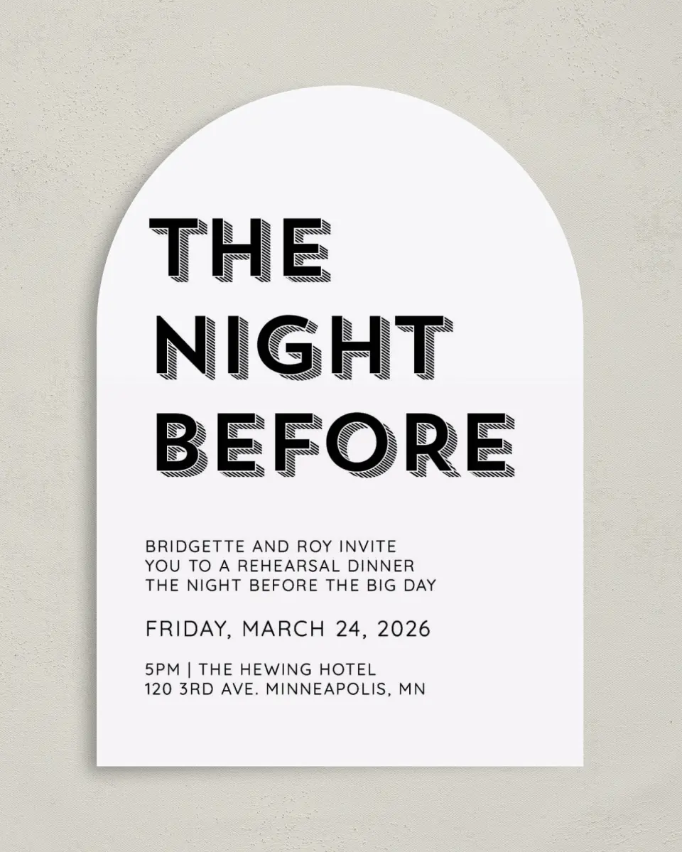 This is a 5" x 7" Rehearsal Dinner Invitation called The Night Before printed in full color on Premium Smooth paper