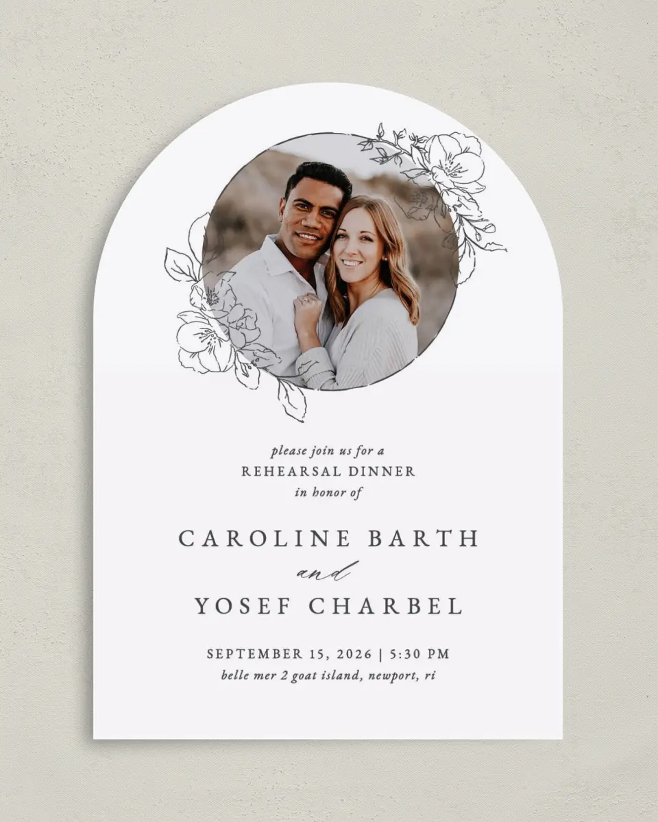 This is a 5" x 7" Rehearsal Dinner Invitation called Rehearsal Wreath printed in full color on Premium Smooth paper