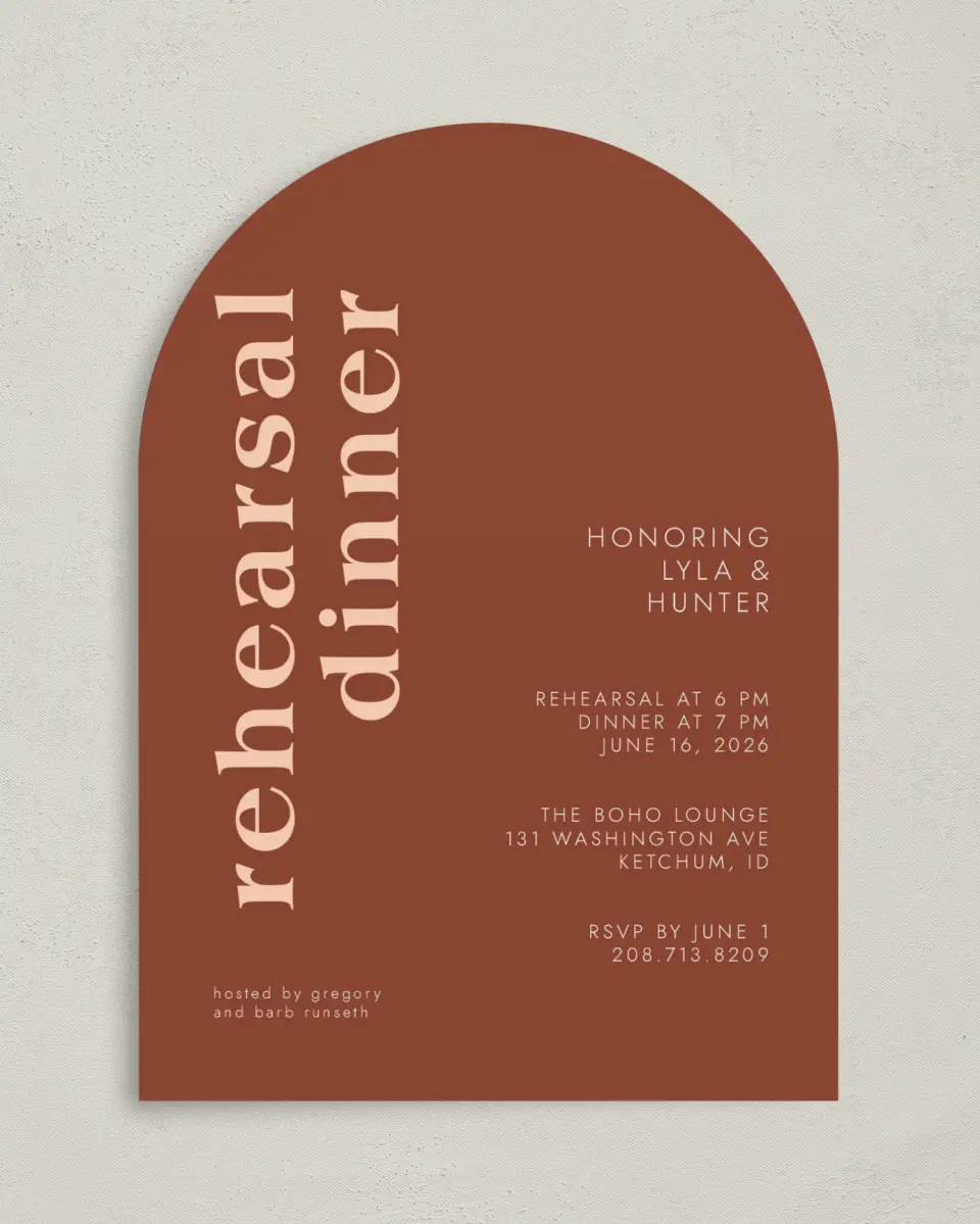 This is a 5" x 7" Rehearsal Dinner Invitation called Mod Rehearsal printed in full color on Premium Smooth paper