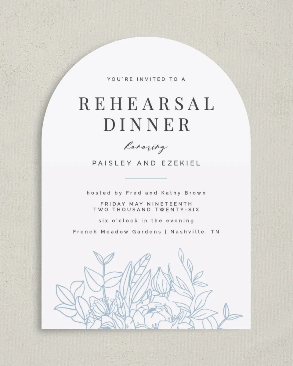 This is a 5" x 7" Rehearsal Dinner Invitation called Dinner Blooms printed in full color on Premium Smooth paper