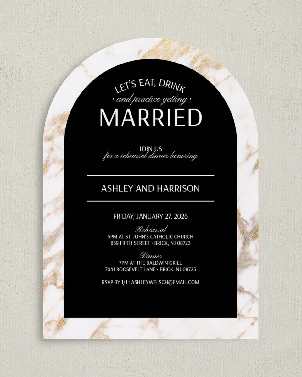 This is a 5" x 7" Rehearsal Dinner Invitation called Eat, Drink, Rehearse printed in full color on Premium Smooth paper