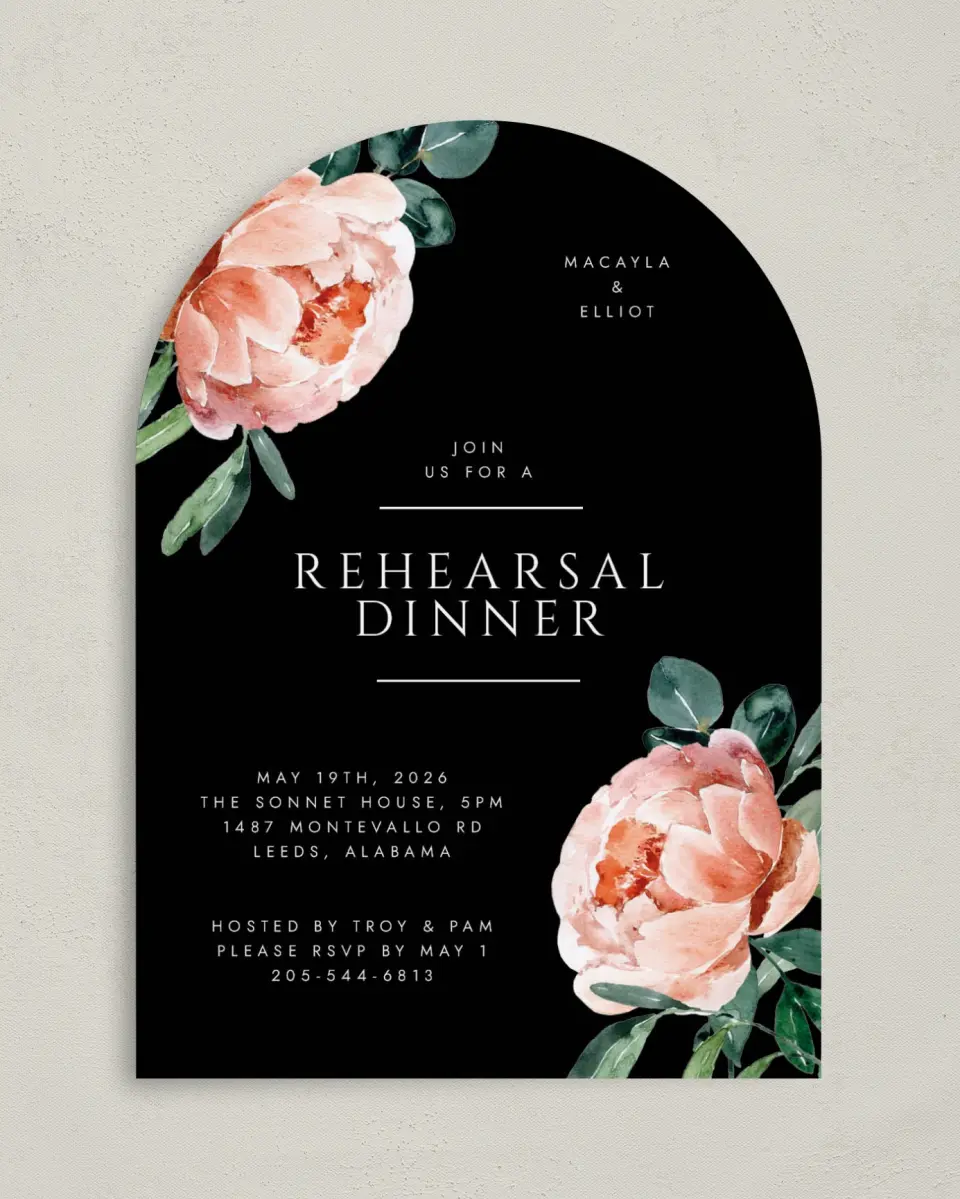 This is a 5" x 7" Rehearsal Dinner Invitation called Modern Floral printed in full color on Premium Smooth paper