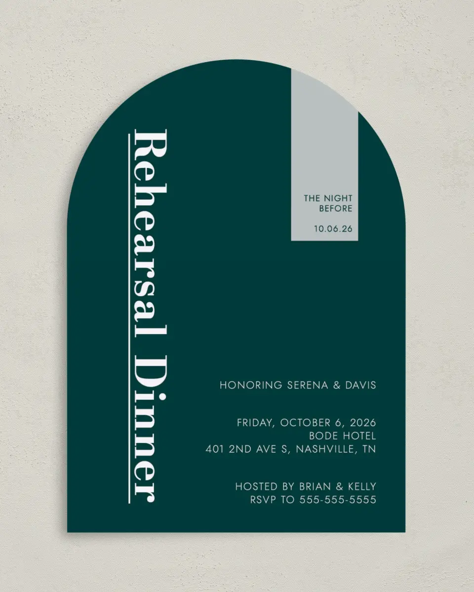 This is a 5" x 7" Rehearsal Dinner Invitation called Rehearsal Banner printed in full color on Premium Smooth paper