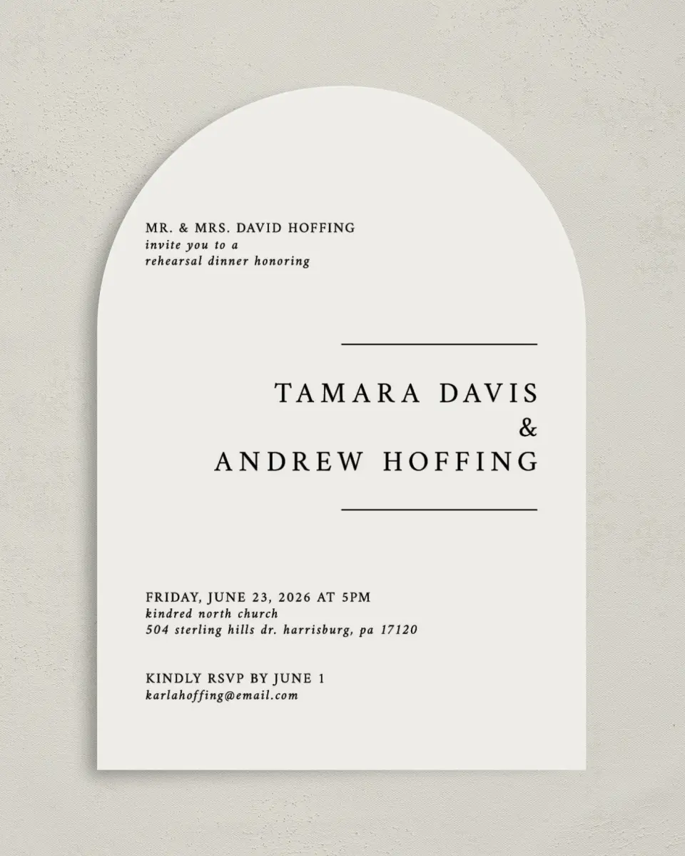 This is a 5" x 7" Rehearsal Dinner Invitation called Dashing Dinner printed in full color on Premium Smooth paper