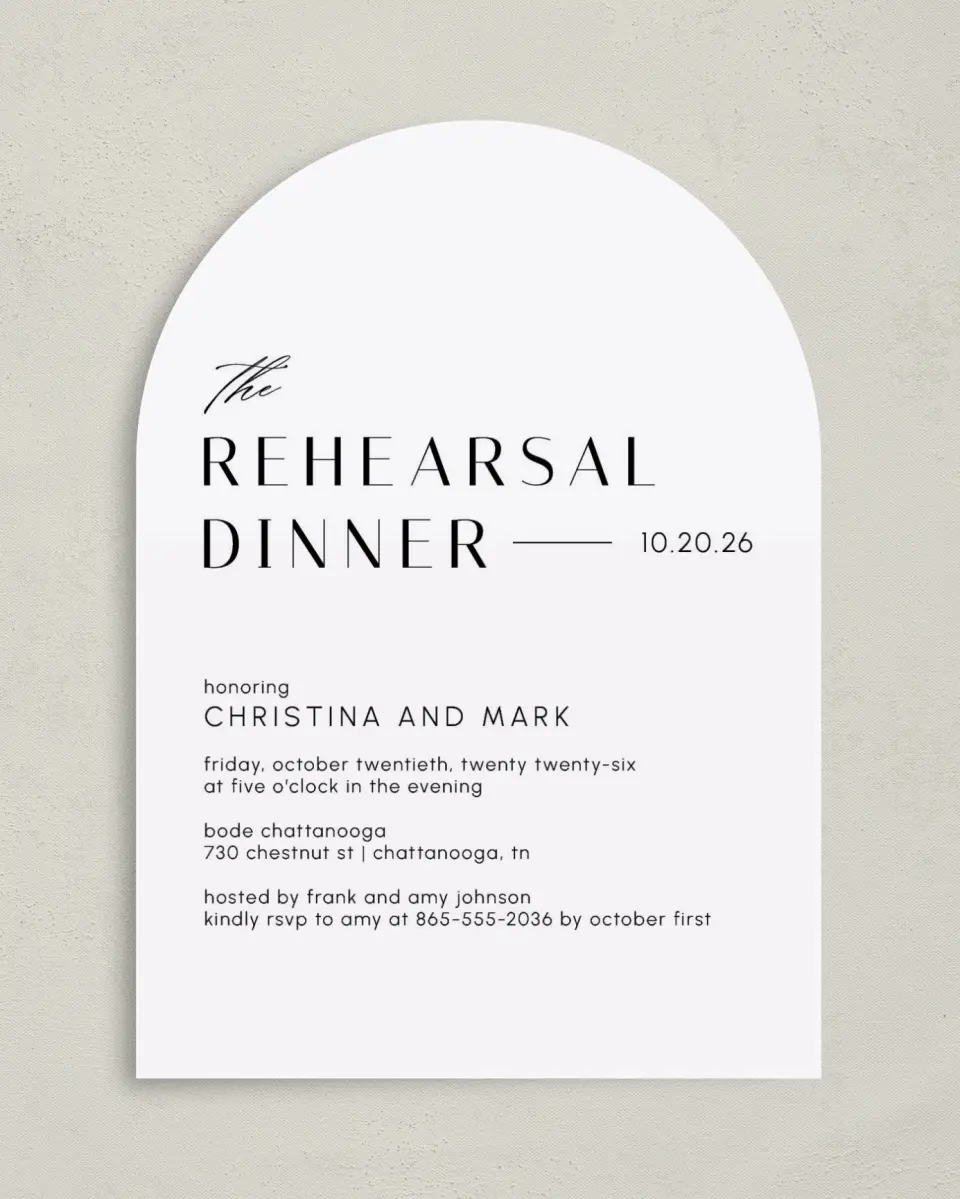 This is a 5" x 7" Rehearsal Dinner Invitation called Deluxe Dinner printed in full color on Premium Smooth paper