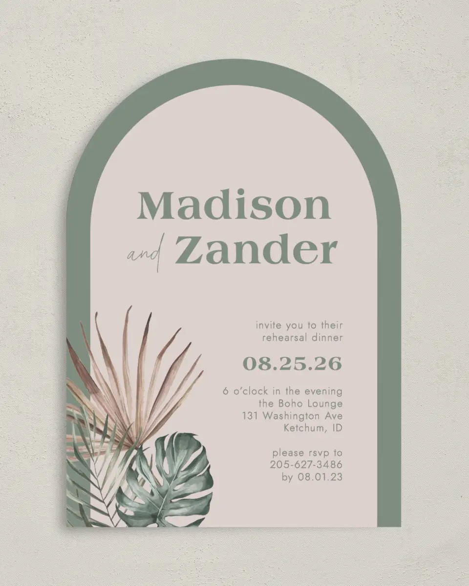 This is a 5" x 7" Rehearsal Dinner Invitation called Boho Rehearsal printed in full color on Premium Smooth paper