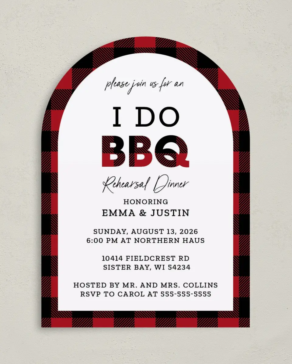 This is a 5" x 7" Rehearsal Dinner Invitation called I Do BBQ printed in full color on Premium Smooth paper
