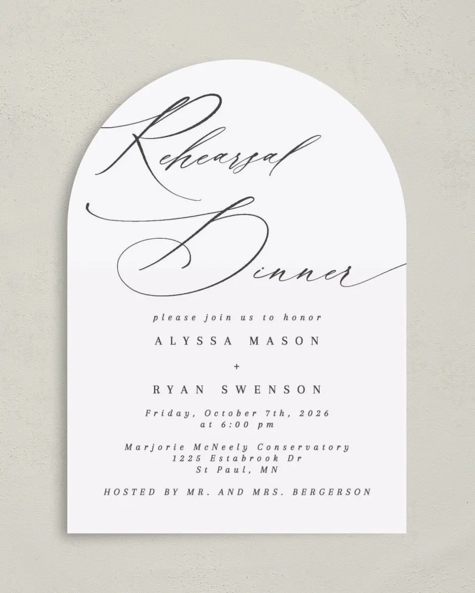 This is a 5" x 7" Rehearsal Dinner Invitation called Simple Drama printed in full color on Premium Smooth paper