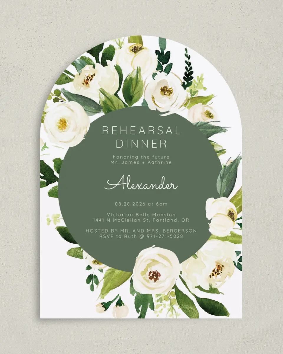 This is a 5" x 7" Rehearsal Dinner Invitation called Wedding Florals printed in full color on Premium Smooth paper
