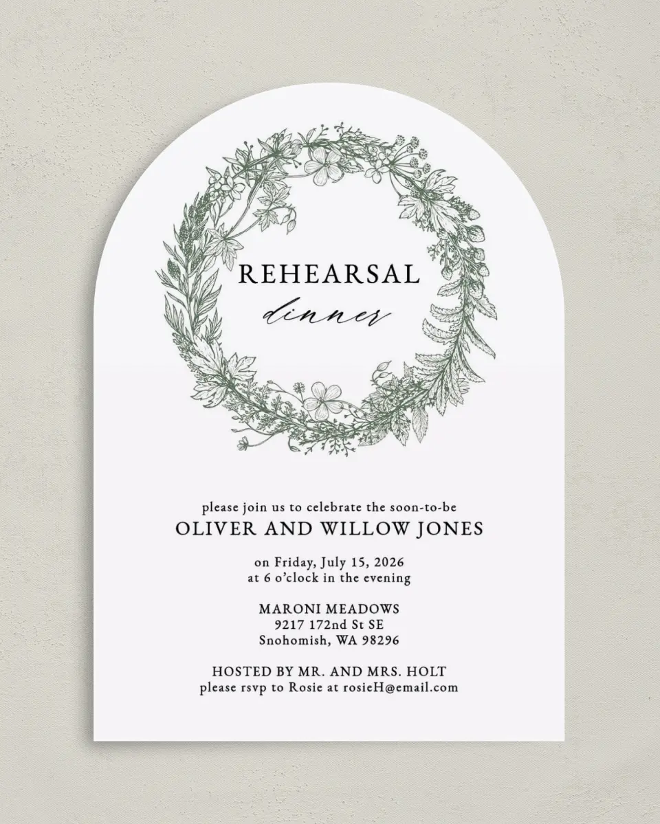 This is a 5" x 7" Rehearsal Dinner Invitation called Budding Wreath printed in full color on Premium Smooth paper
