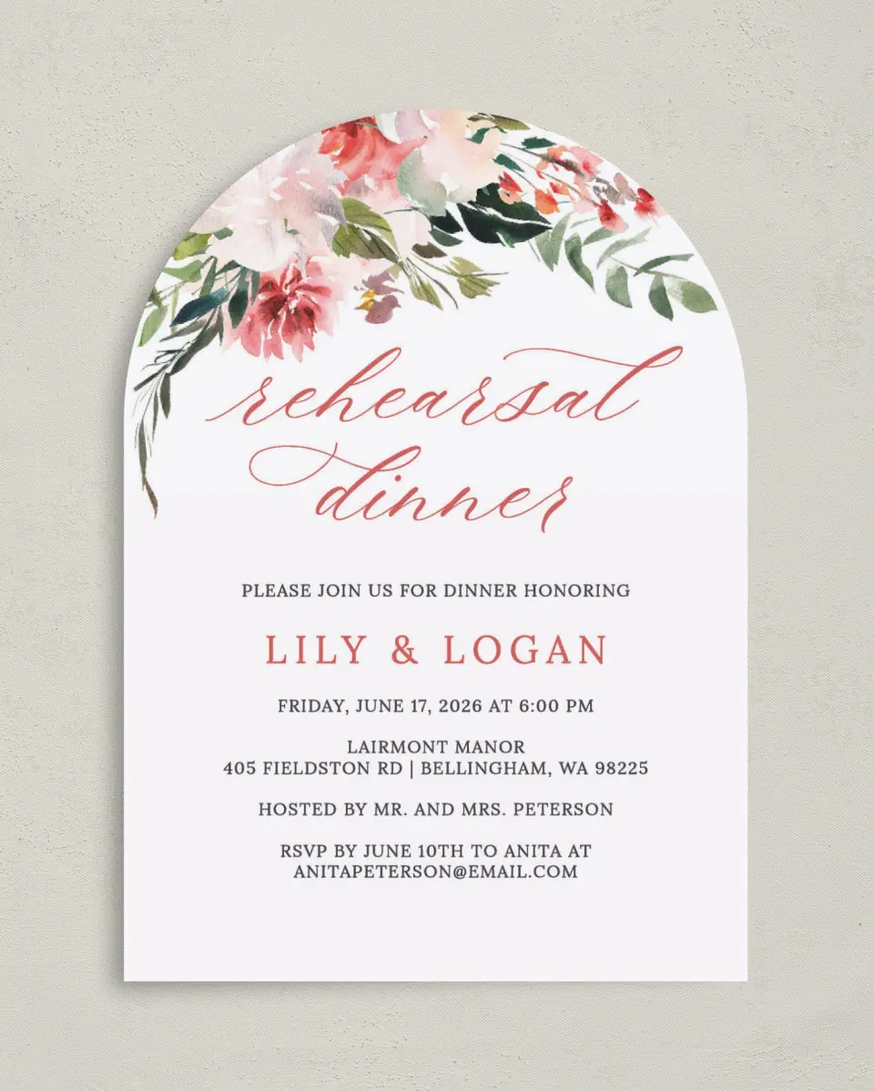 This is a 5" x 7" Rehearsal Dinner Invitation called Blooming Dinner printed in full color on Premium Smooth paper